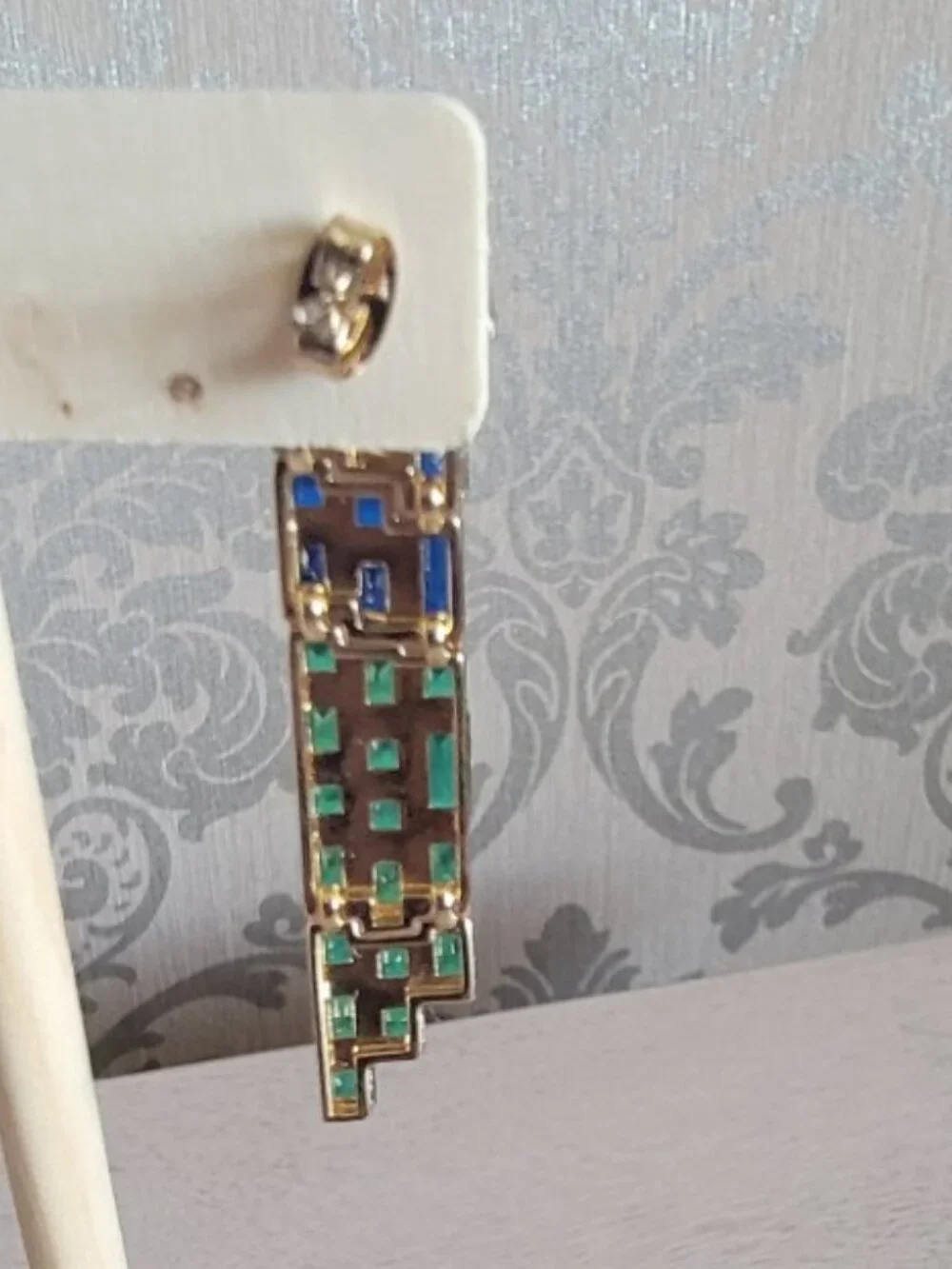 Blue and Green Glass, Simulated Diamond Earrings in Gold Tone
